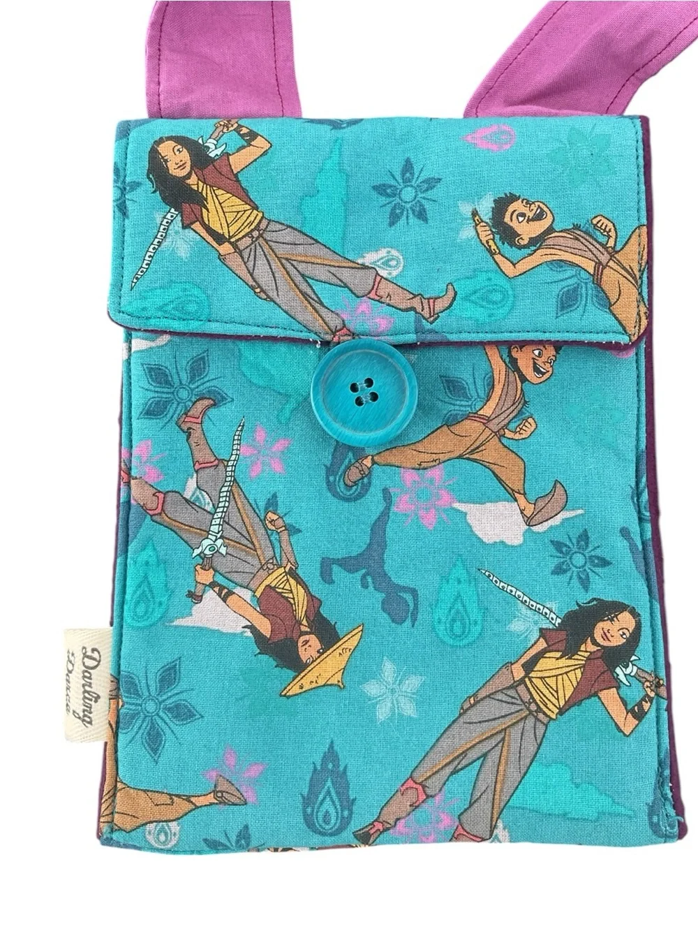 Turquoise Raya and the Last Dragon Printed Crossbody Phone Bag with Lilac Strap